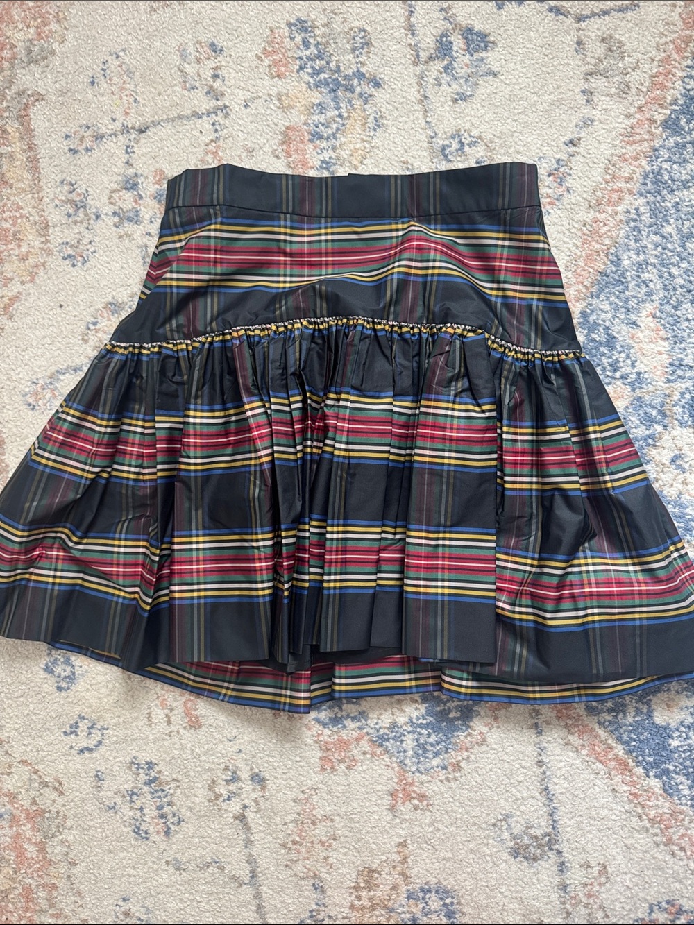 J. Crew Navy Plaid Tiered Skirt with Red and Yellow Stripes